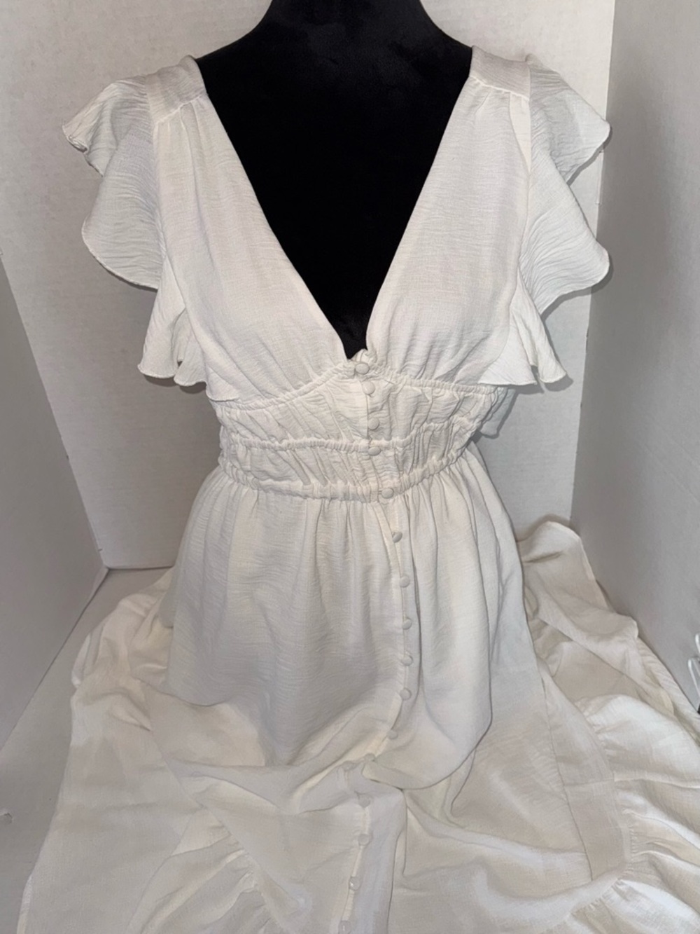 bishop + young White Cotton Backless Maxi Dress with Ruffle Sleeves